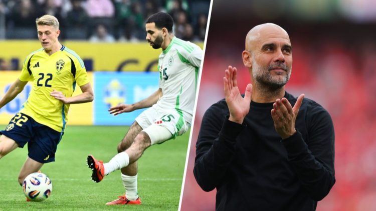 A split image of Man City's Rayan Ait-Nouri and Pep Guardiola