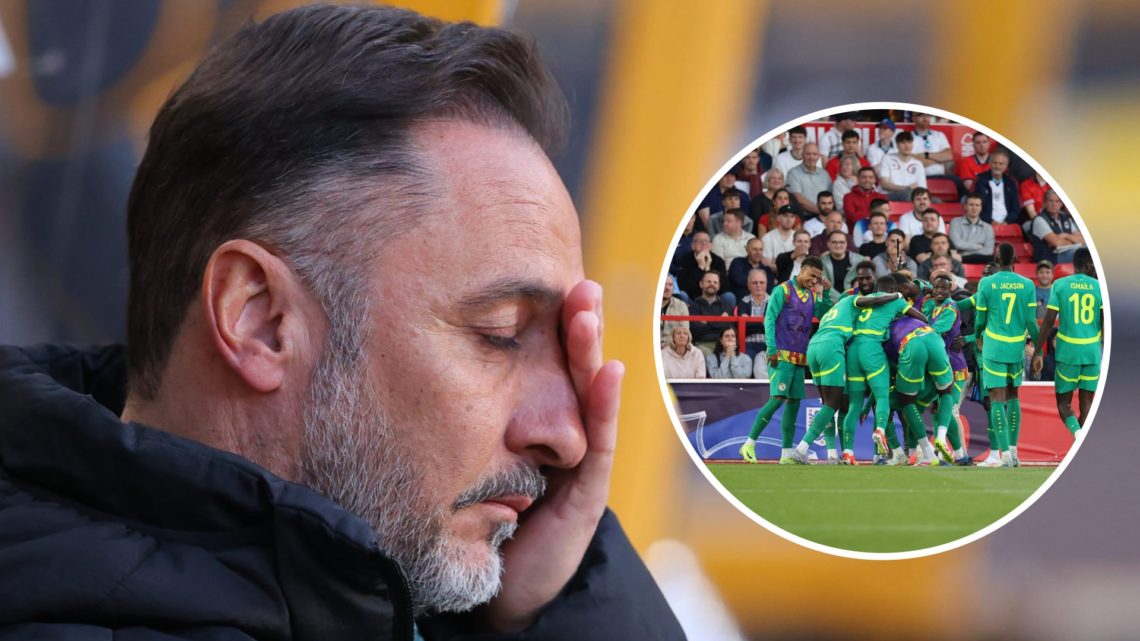 Vitor Pereira looks frustrated while watching Wolves (left), Senegal celebrate after scoring against England (right)