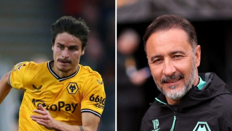 Hugo Bueno playing for Wolves (left), Wolves manager Vitor Pereira smiles (right)