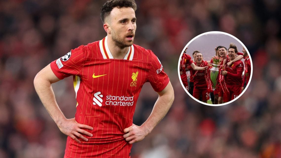 An image of Liverpool's Diogo Jota with an inset of Kostas Tsimikas surrounded by Liverpool players