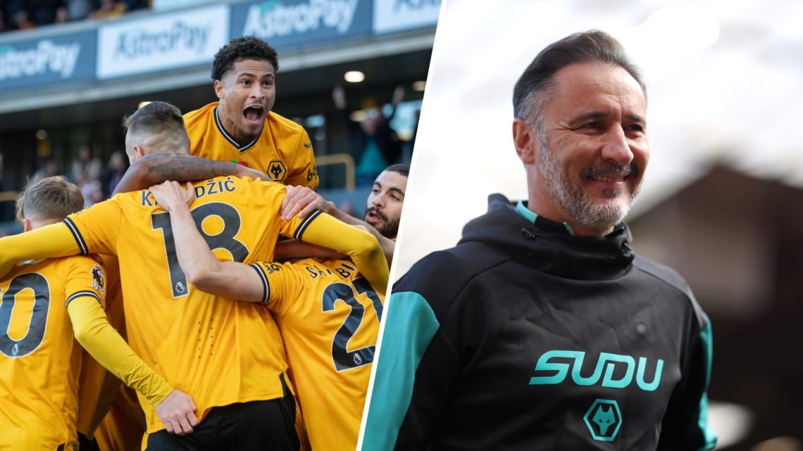 A split image of Sasa Kalajdzic with an inset of Wolves boss Vitor Pereira