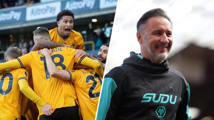 A split image of Sasa Kalajdzic with an inset of Wolves boss Vitor Pereira
