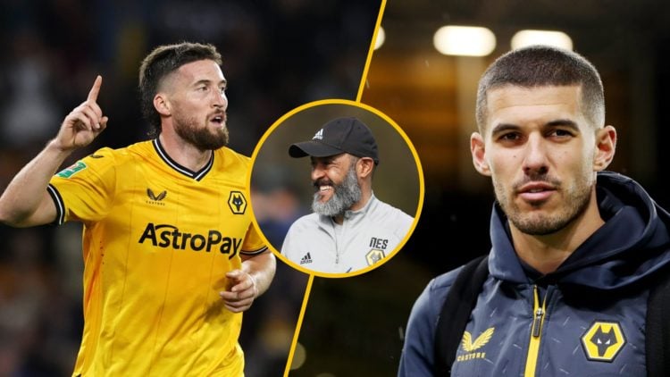 Matt Doherty playing for Wolves (left), Conor Coady in Wolves training gear (right), former Wolves manager Nuno Espirito Santo (inset)