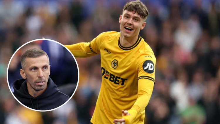 Jorgen Strand Larsen of Wolverhampton Wanderers celebrates scoring his team's second goal during the Premier League match between Wolverhampton Wan...