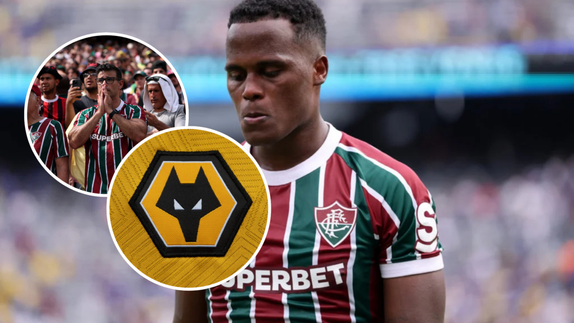 Jhon Arias #21 of Fluminense FC looks dejected after the FIFA Club World Cup 2025 semi-final match between Fluminense FC and Chelsea FC. Inset, A d...