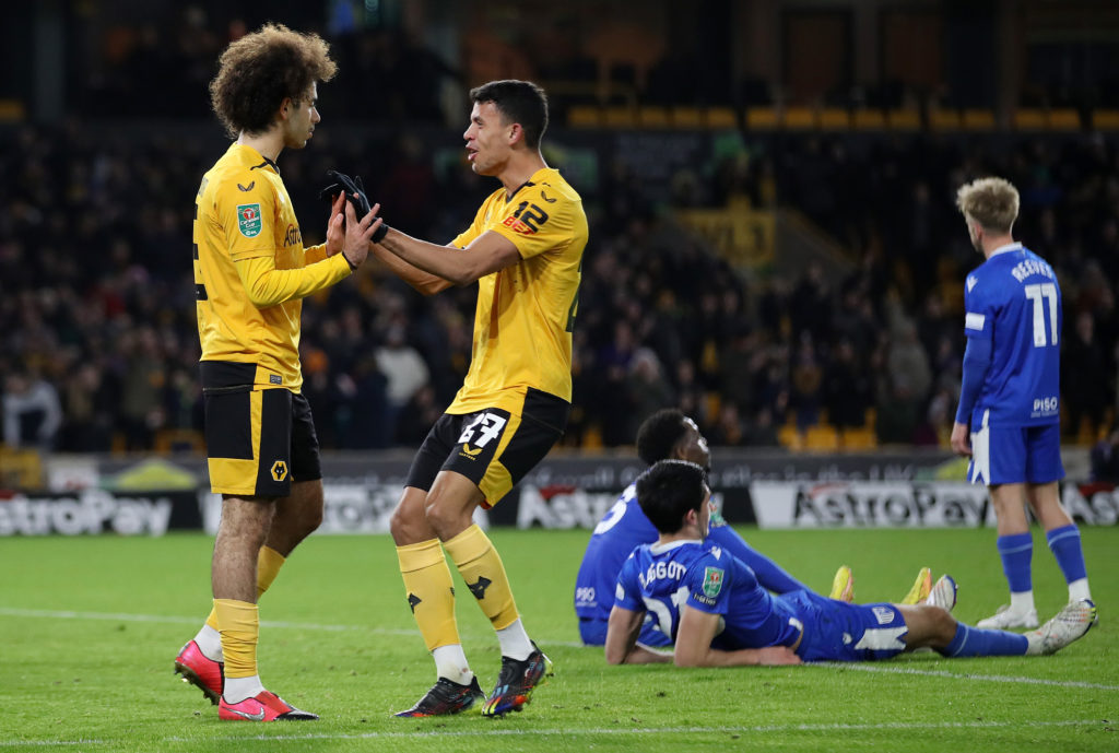 Rayan Ait-Nouri of Wolverhampton Wanderers celebrates with team mate Matheus Nunes after scoring their sides second goal during the Carabao Cup Fourth Round match