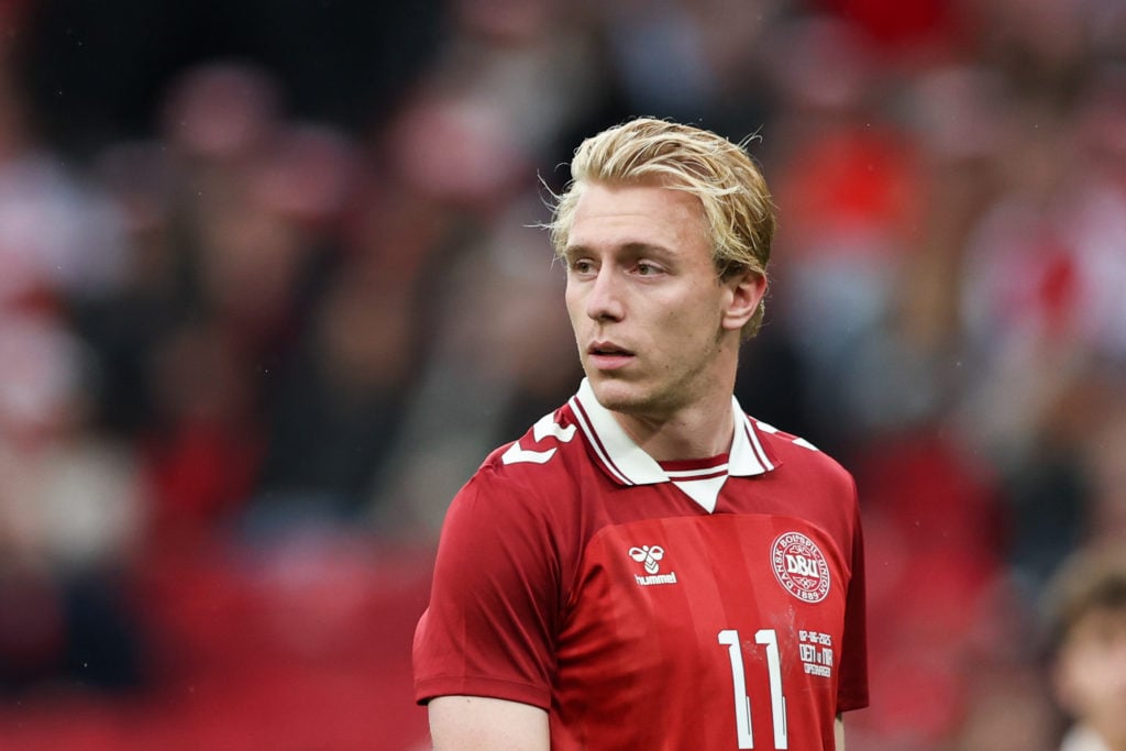 Mika Biereth playing for Denmark.