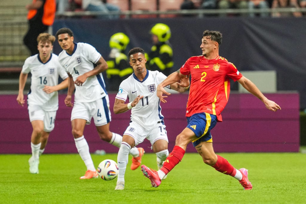 Marc Pubill passes the ball during Spain v England at the European under-21 Championships