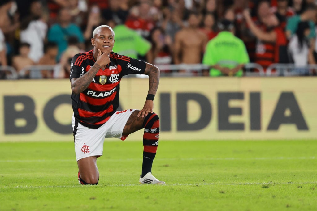 Wallace Yan celebrates after scoring for Flamengo.