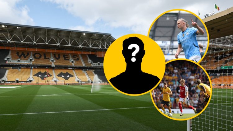 A general view of Molineux Stadium during the Premier League match between Wolverhampton Wanderers and Brentford, inset, Erling Haaland during the ...