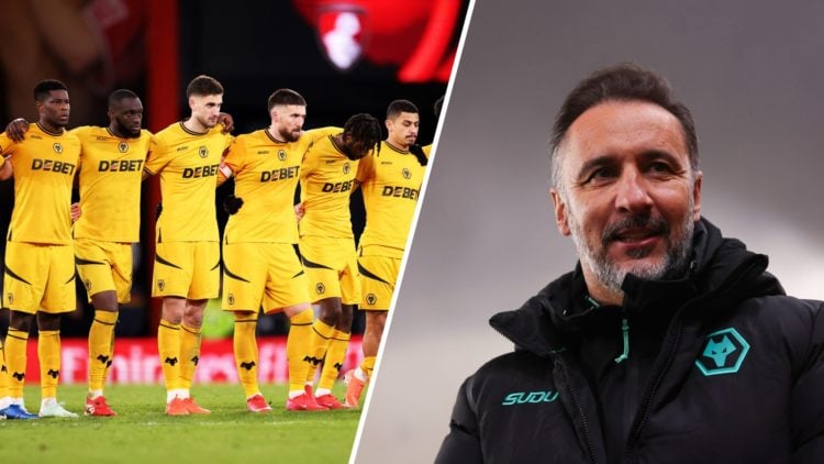 Wolves players watch on during a penalty shootout against Bournemouth (left), Wolves manager Vitor Pereira looks on (right)