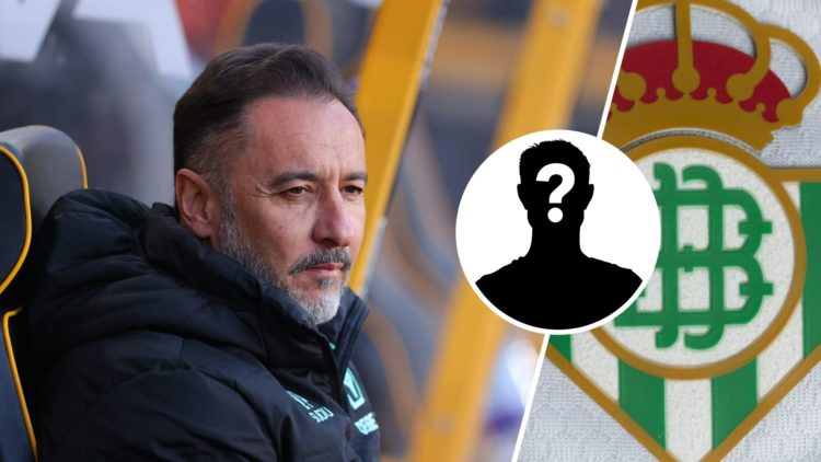 Wolves manager Vitor Pereira watches on (left), Real Betis badge (right), mystery player (inset)