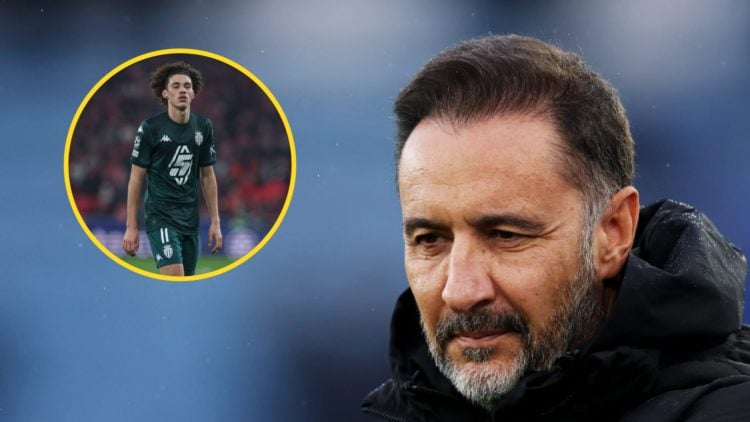 Wolves manager Vitor Pereira looks on (right), Maghnes Akliouche playing for AS Monaco (inset)