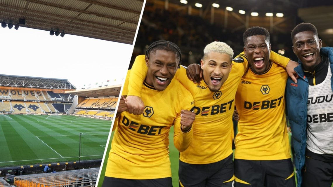 A general view of Molineux (left), Nasser Djiga and his Wolves teammates pose at Molineux (right)