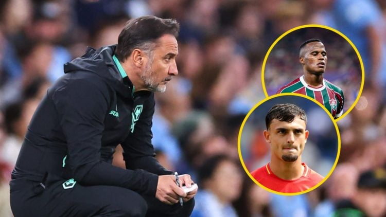 Vitor Pereira crouches while watching Wolves (left), Marc Pubill playing for Spain U21s (lower inset), Jhon Arias playing for Fluminense (upper inset)