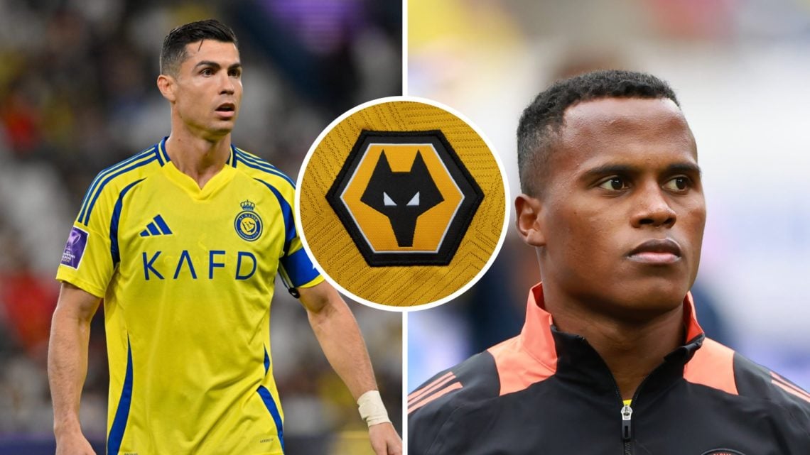 A split image of Cristiano Ronaldo and Jhon Arias with an inset of the Wolves badge