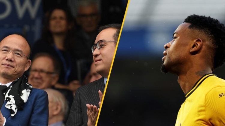 Split image of (L) Guo Guangchang the chairman of Fosun International Limited and Jeff Shi during the Premier League match between Leicester City a...