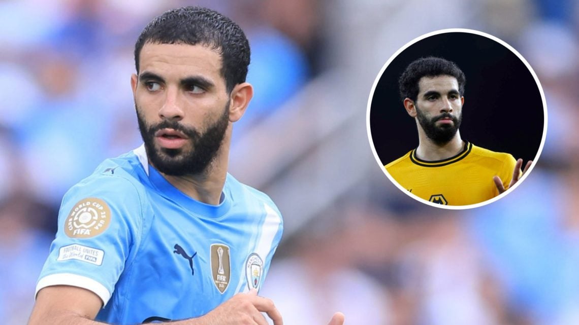 Rayan Ait-Nouri playing for Manchester City (left), Rayan Ait-Nouri playing for Wolves (inset)