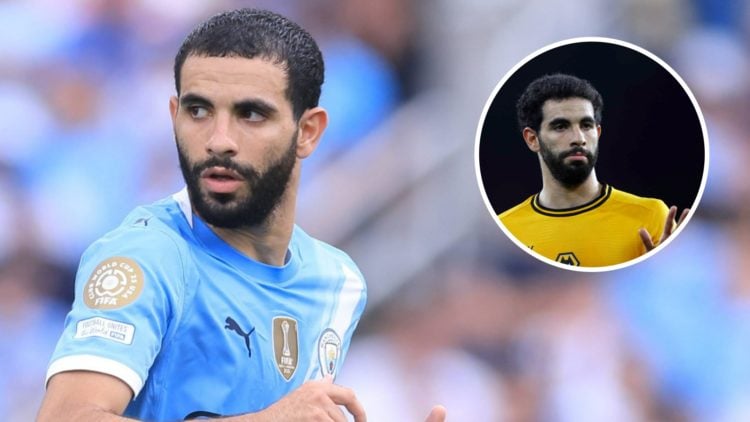 Rayan Ait-Nouri playing for Manchester City (left), Rayan Ait-Nouri playing for Wolves (inset)