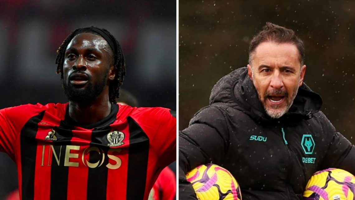 Evann Guessand playing for Nice (left), Vitor Pereira in Wolves training (right)