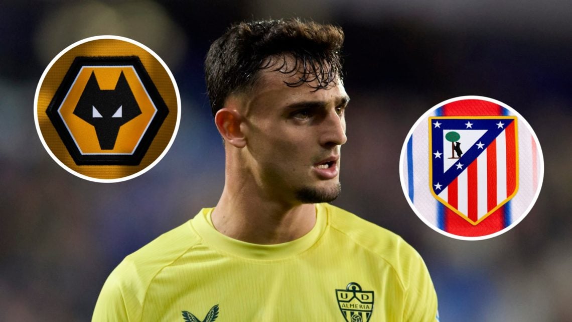 Marc Pubill playing for Almeria (central), Wolves badge (left inset), Atletico Madrid badge (right inset)