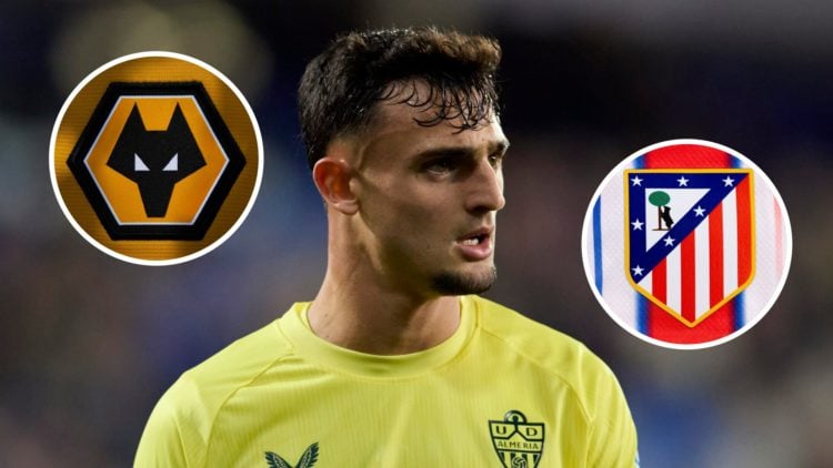 Marc Pubill playing for Almeria (central), Wolves badge (left inset), Atletico Madrid badge (right inset)