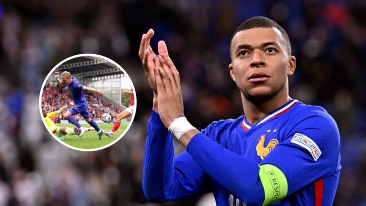 An image of Kylian Mbappe in action for France with an inset of Mika Biereth
