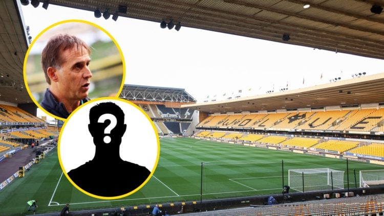 A general view of Molineux (central), former Wolves manager Julen Lopetegui being interviewed (upper inset), mystery player (inset)