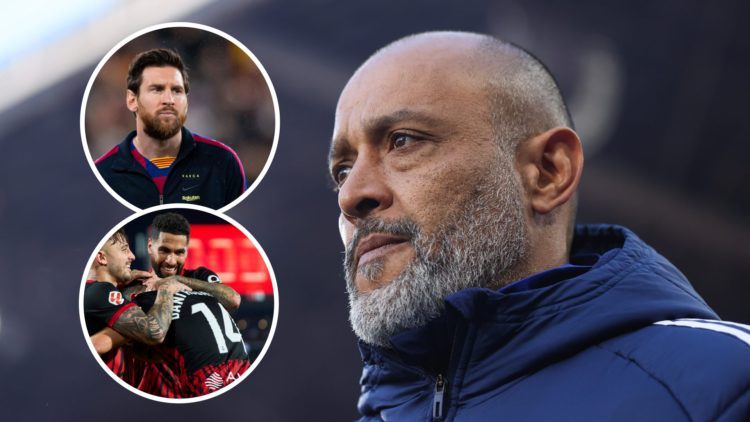 An image of Nuno Espirito Santo with an inset of Lionel Messi and Pablo Maffeo
