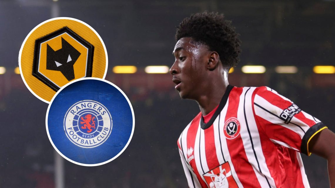 Jesurun Rak-Sakyi playing for Sheffield United (right), Wolves badge (upper inset), Rangers badge (lower inset)