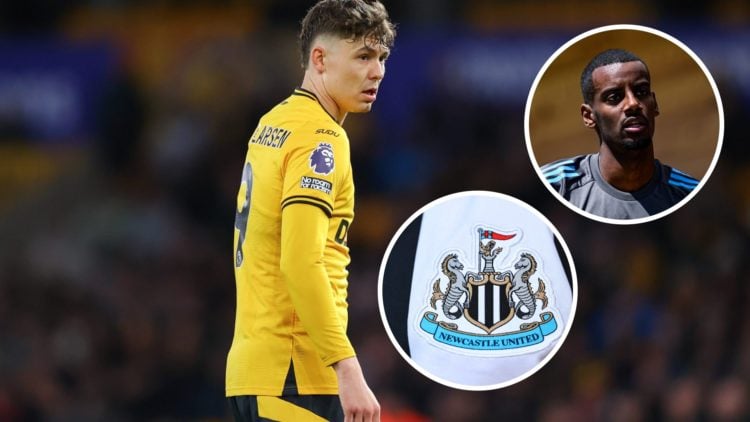 An image of Jorgen Strand Larsen with an inset of the Newcastle badge and Alexander Isak