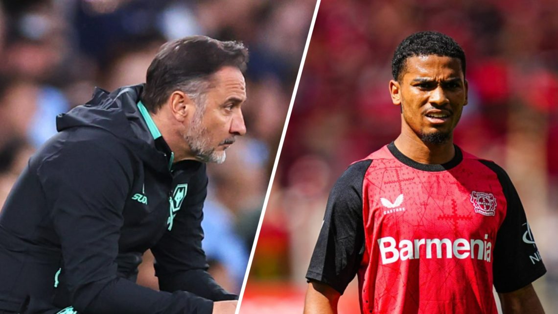 Vitor Pereira looks on while managing Wolves (left), Amine Adli playing for Bayer Leverkusen (right)