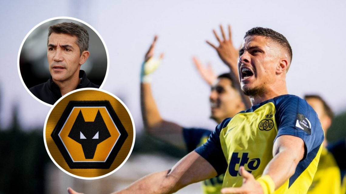 Franjo Ivanovic celebrates after scoring for Union Saint-Gilloise (right), Bruno Lage looks on (upper inset), Wolves badge (lower inset)