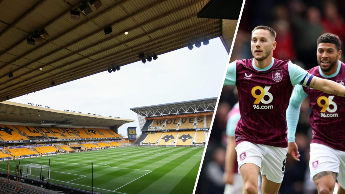A general view of Molineux (left), Josh Brownhill celebrates after scoring for Burnley (right)