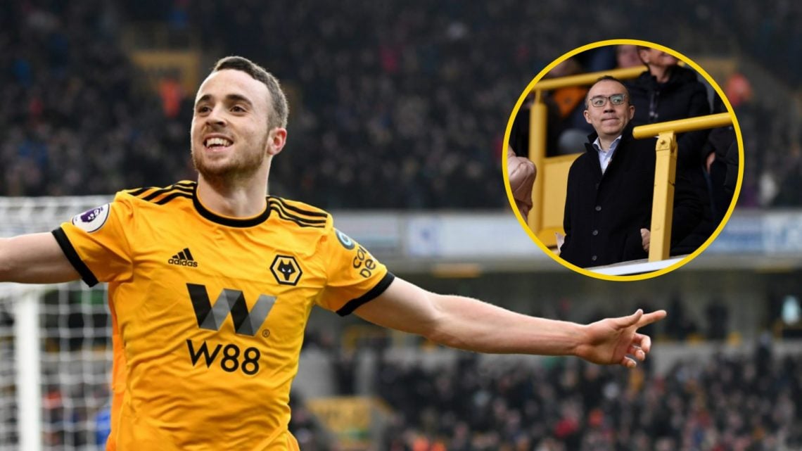 Diogo Jota celebrates scoring for Wolves (left), Wolves chairman Jeff Shi at Molineux (right)