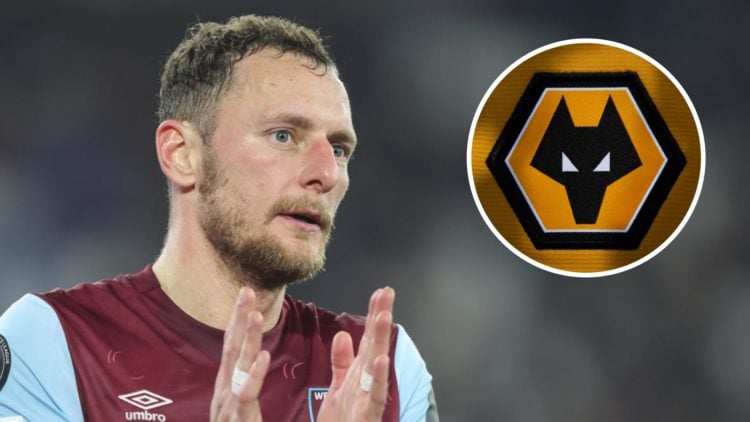 Vladimir Coufal playing for West Ham United (left), Wolves badge (inset)