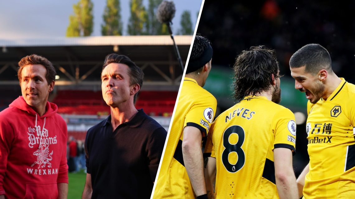 A split image of Rob Mac and Ryan Reynolds and former Wolves defender Conor Coady