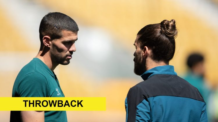 Conor Coady and Ruben Neves chatting (background), throwback banner (bottom left)