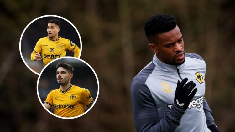 Nelson Semedo in Wolves training (right), Pedro Neto playing for Wolves (lower inset), Joao Gomes playing for Wolves (upper inset)