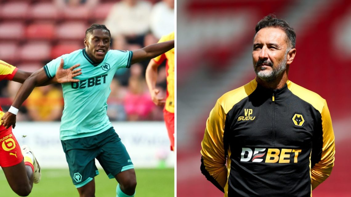 Wolves midfielder Jean-Ricner Bellegarde jostles for possession (left), Wolves manager Vitor Pereira watches on (right)