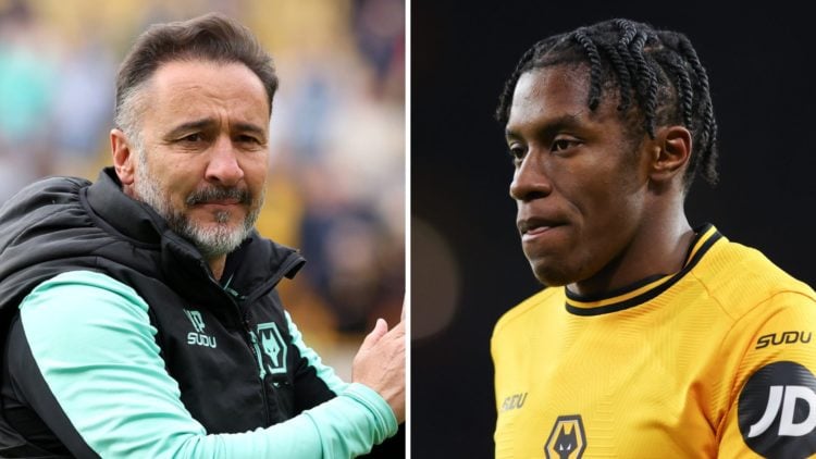 Left: Vitor Pereira applauds the Wolves fans after the Premier League match against Brentford. Right: Jean-Ricner Bellegarde looks on during Wolves...