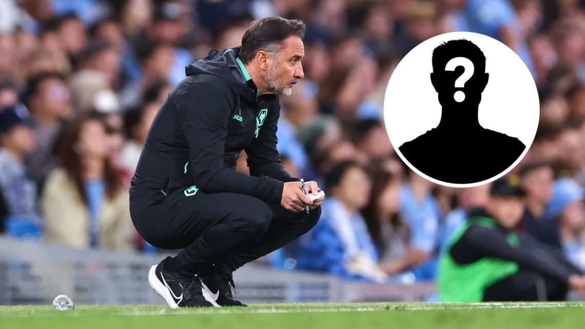Vitor Pereira crouches as he watches Wolves against Manchester City. Mystery player inset.