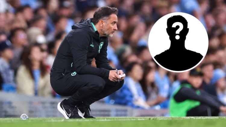 Vitor Pereira crouches as he watches Wolves against Manchester City. Mystery player inset.