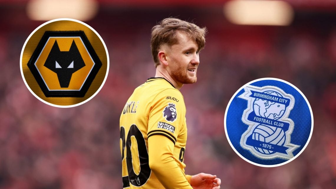 Tommy Doyle playing for Wolves (central), Wolves badge (left inset), Birmingham badge (right inset)