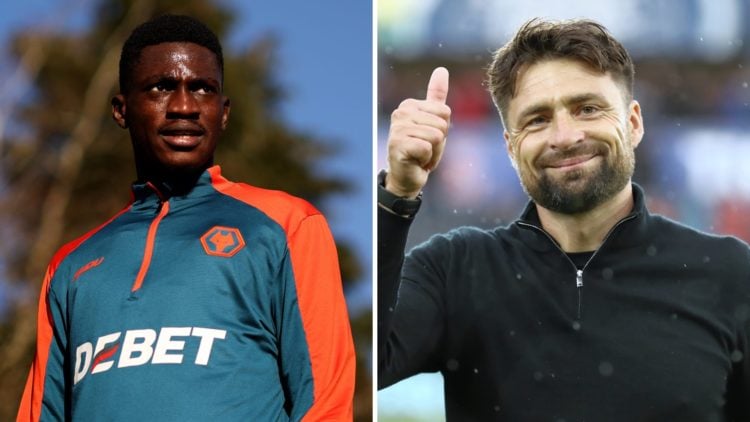 Left: Nasser Djiga during his first day of training with Wolves. Right: Russell Martin acknowledges the Swansea fans after beating Queens Park Rang...
