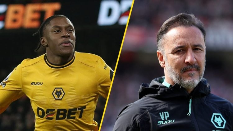 Wolves player Jean-Ricner Bellegarde in action (left), Wolves manager Vitor Pereira looks on (right)