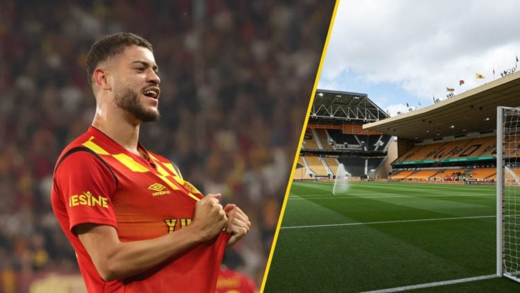 Romulo celebrates after scoring for Goztepe (left), a general view of Molineux (right)