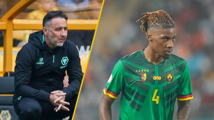Vitor Pereira crouches at Molineux (left), Christopher Wooh playing for Cameroon (right)