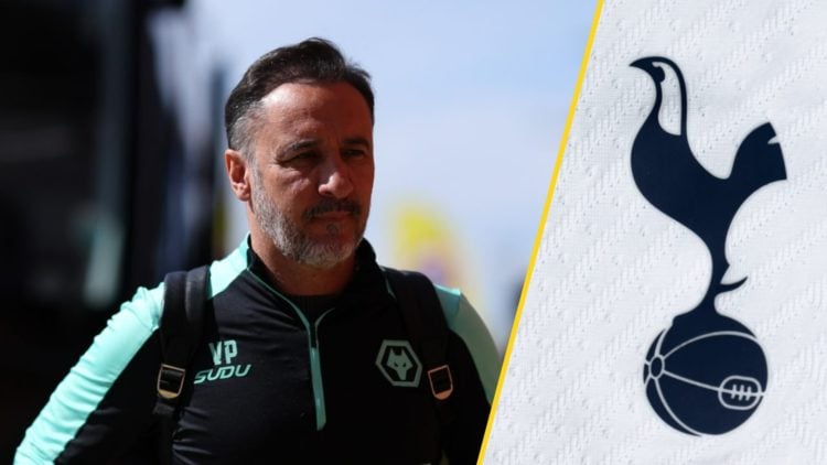 Wolves manager Vitor Pereira steps off the coach (left), Tottenham Hotspur badge (right)