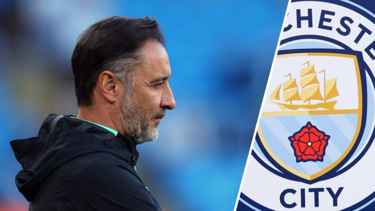 Wolves manager Vitor Pereira looks on (left), Manchester City club badge (right)